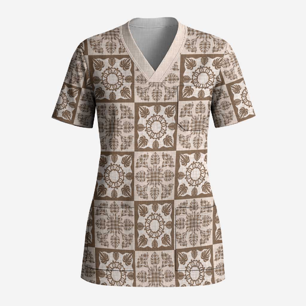 Beige Palaka Quilt Hawaii Scrub Top Hawaiian Tropical Monstera Sea Turtle
