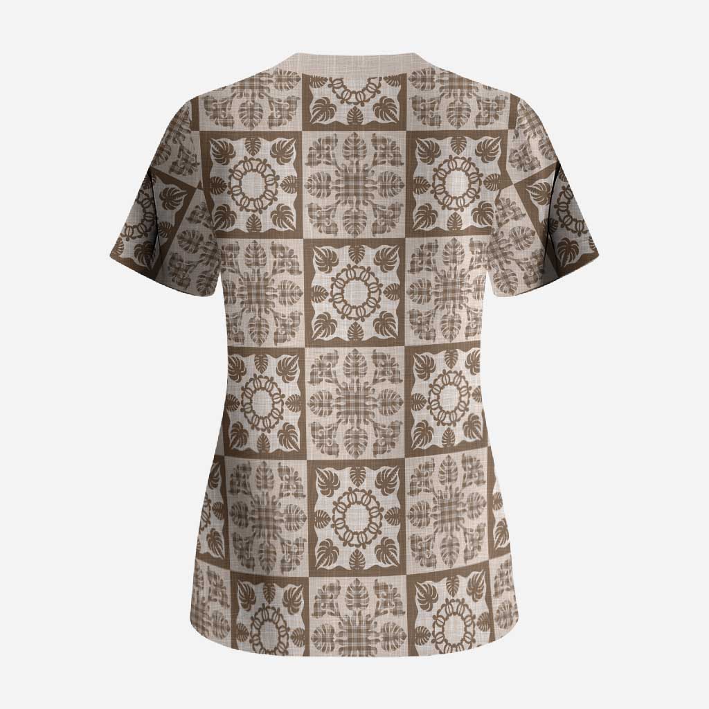 Beige Palaka Quilt Hawaii Scrub Top Hawaiian Tropical Monstera Sea Turtle