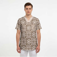 Beige Palaka Quilt Hawaii Scrub Top Hawaiian Tropical Monstera Sea Turtle