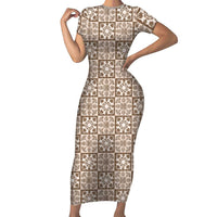 Beige Palaka Quilt Hawaii Short Sleeve Bodycon Dress Hawaiian Tropical Monstera Sea Turtle