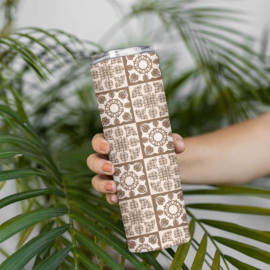 Beige Palaka Quilt Hawaii Skinny Tumbler Hawaiian Tropical Monstera Sea Turtle
