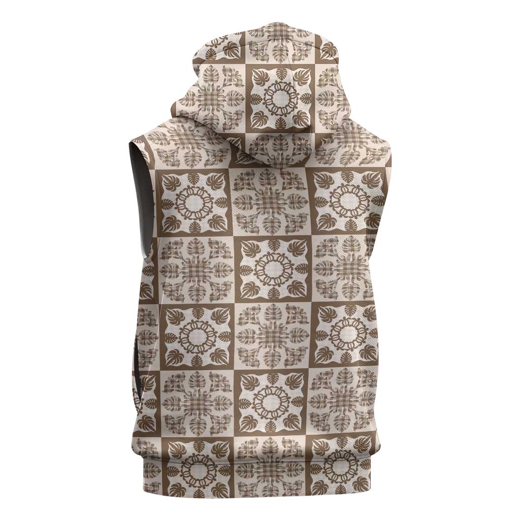 Beige Palaka Quilt Hawaii Sleeveless Hoodie Hawaiian Tropical Monstera Sea Turtle LT14 - Polynesian Pride