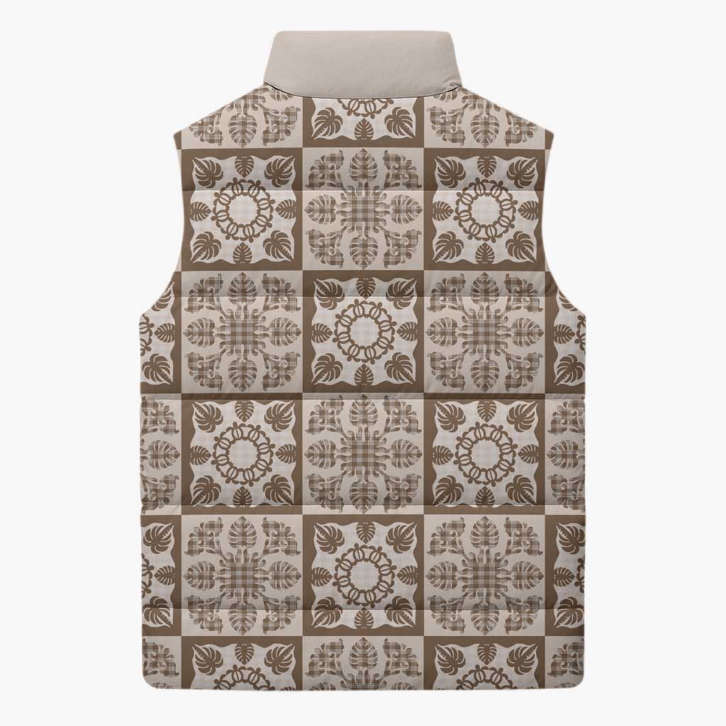 Beige Palaka Quilt Hawaii Sleeveless Puffer Jacket Hawaiian Tropical Monstera Sea Turtle