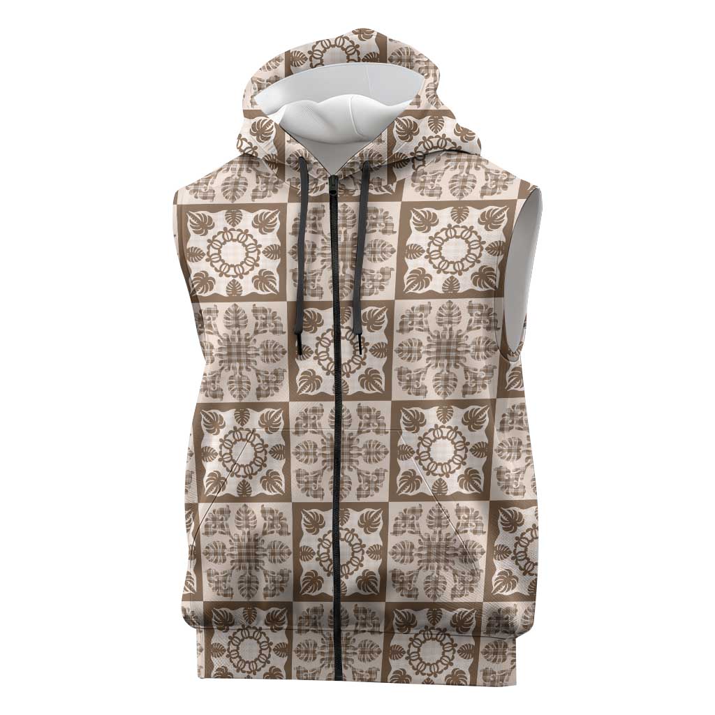 Beige Palaka Quilt Hawaii Sleeveless Zip Hoodie Hawaiian Tropical Monstera Sea Turtle