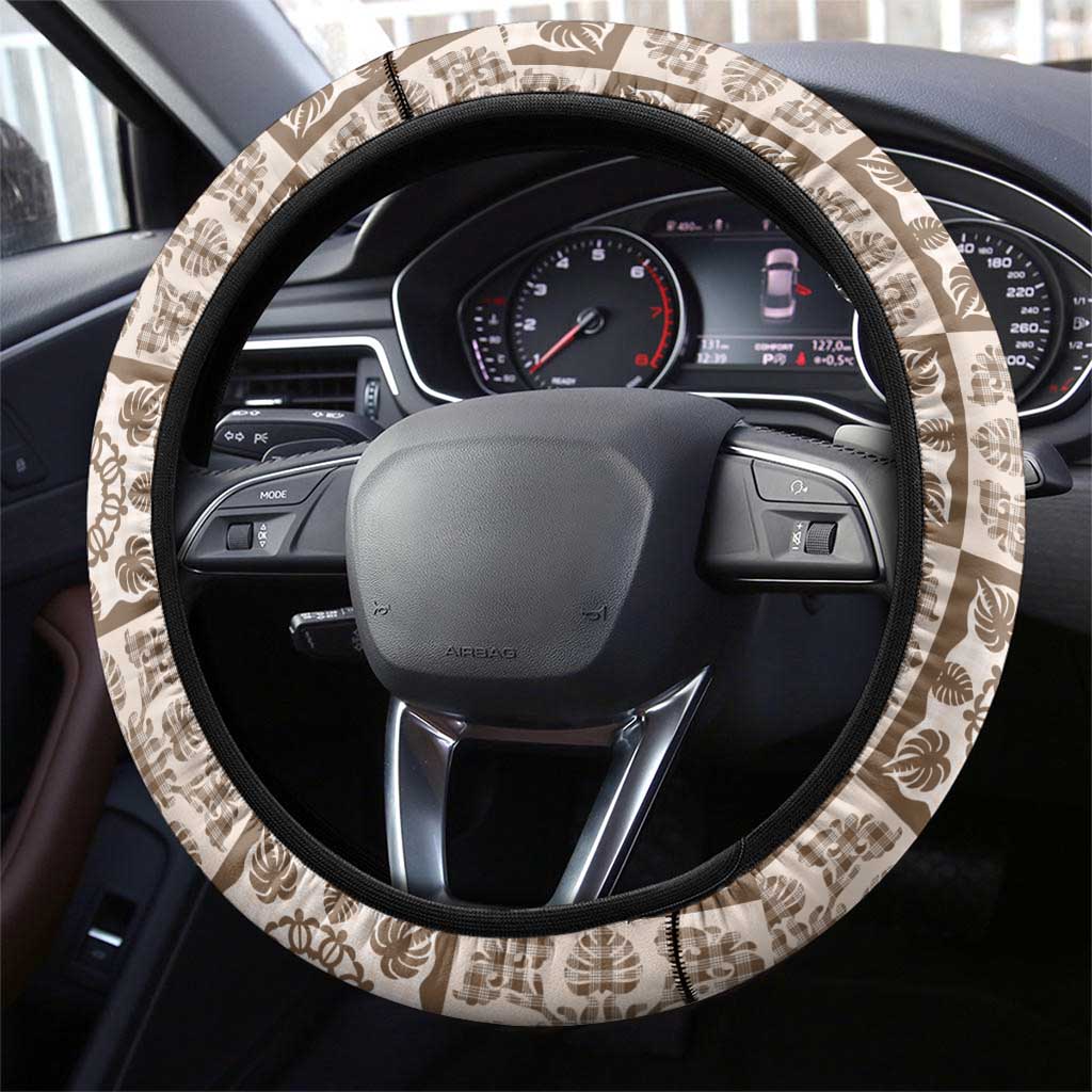 Beige Palaka Quilt Hawaii Steering Wheel Cover Hawaiian Tropical Monstera Sea Turtle