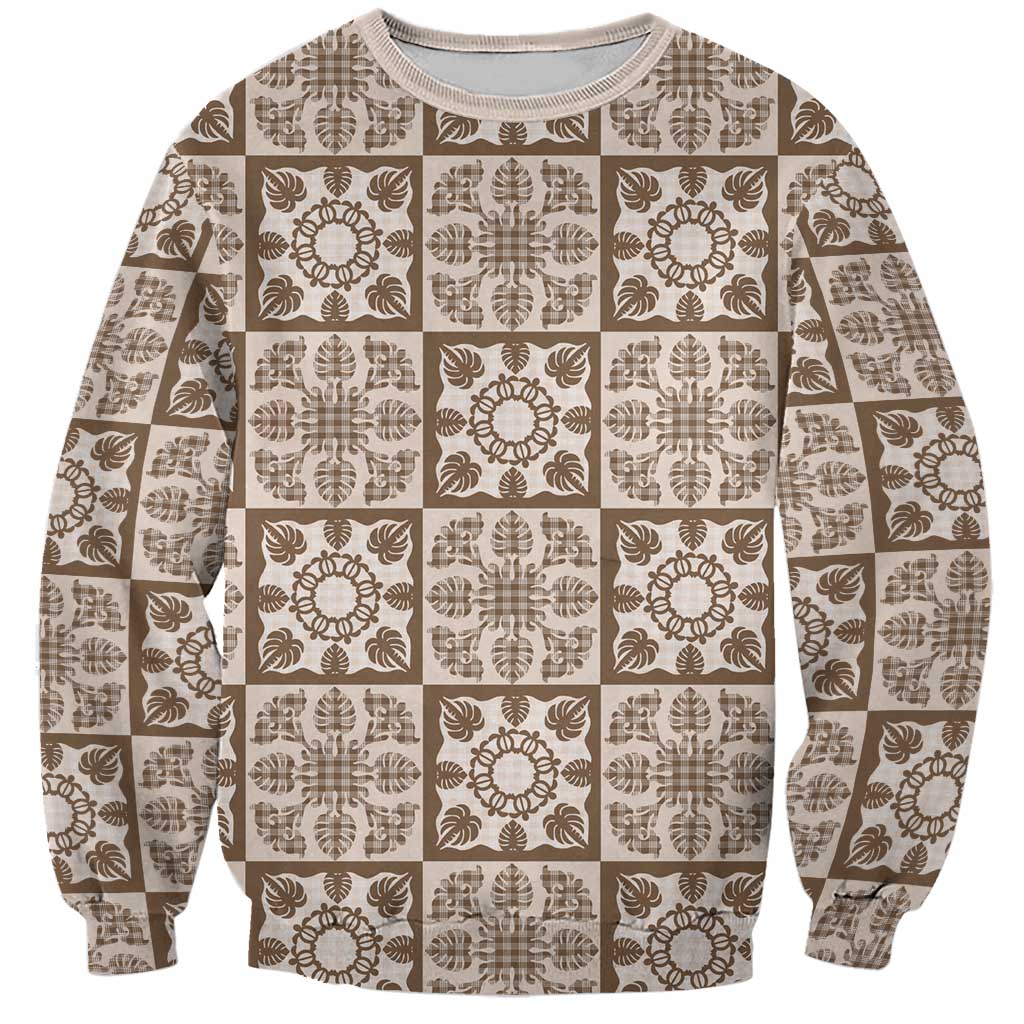 Beige Palaka Quilt Hawaii Sweatshirt Hawaiian Tropical Monstera Sea Turtle