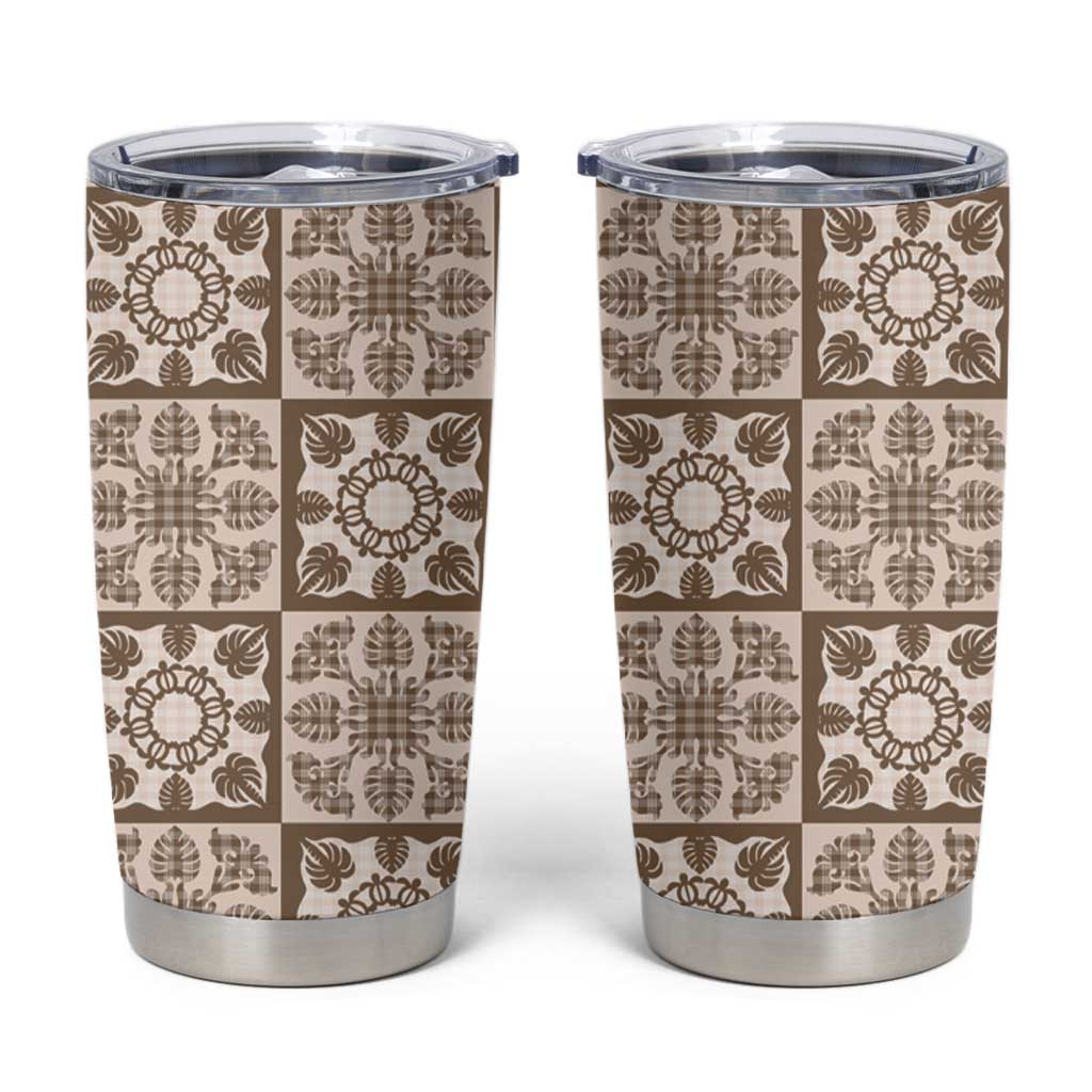 Beige Palaka Quilt Hawaii Tumbler Cup Hawaiian Tropical Monstera Sea Turtle LT14 Beige - Polynesian Pride