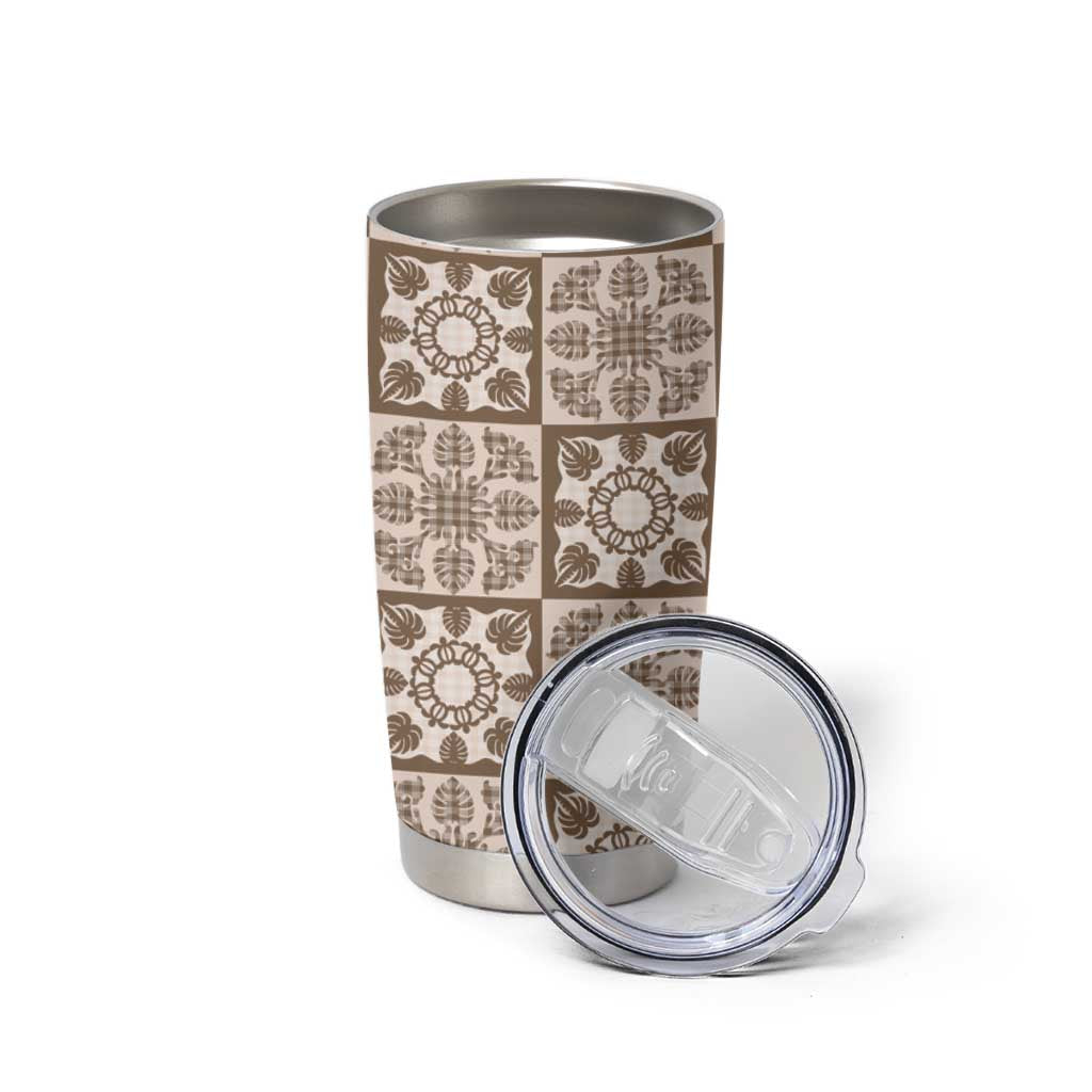 Beige Palaka Quilt Hawaii Tumbler Cup Hawaiian Tropical Monstera Sea Turtle LT14 - Polynesian Pride