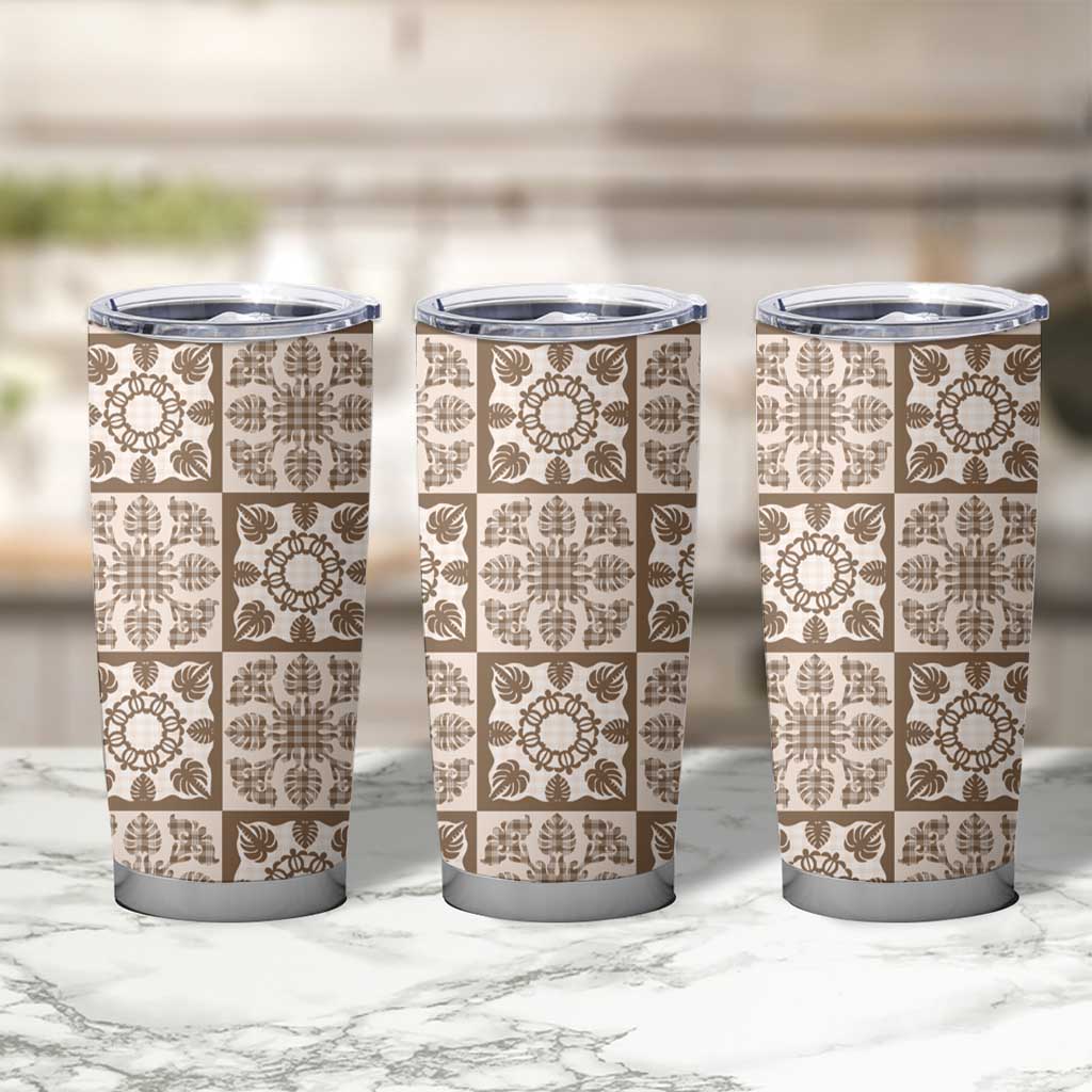 Beige Palaka Quilt Hawaii Tumbler Cup Hawaiian Tropical Monstera Sea Turtle LT14 - Polynesian Pride