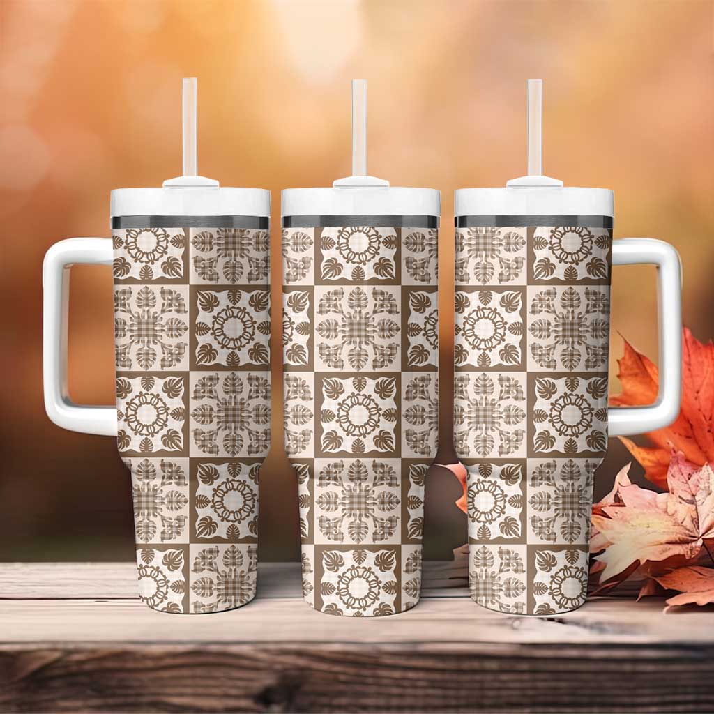 Beige Palaka Quilt Hawaii Tumbler With Handle Hawaiian Tropical Monstera Sea Turtle