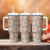 Beige Palaka Quilt Hawaii Tumbler With Handle Hawaiian Tropical Monstera Sea Turtle