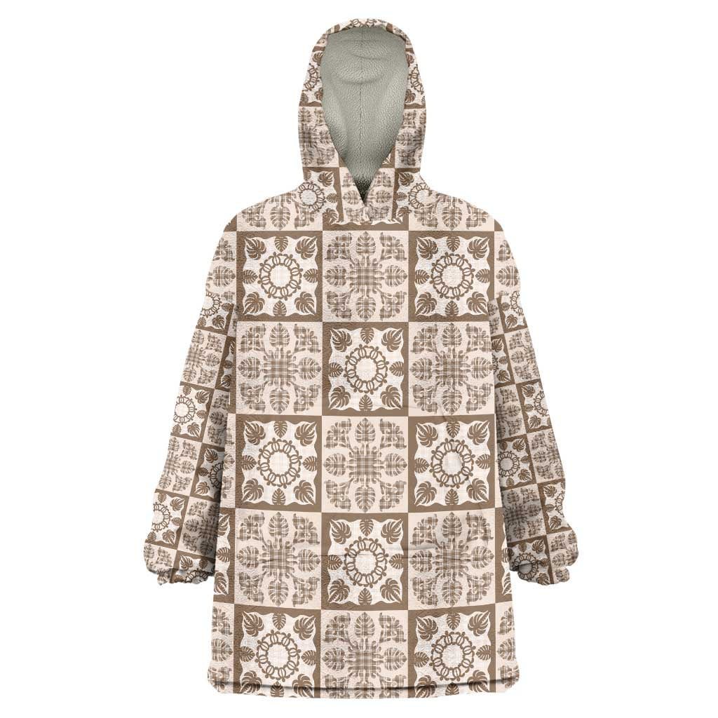 Beige Palaka Quilt Hawaii Wearable Blanket Hoodie Hawaiian Tropical Monstera Sea Turtle