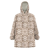 Beige Palaka Quilt Hawaii Wearable Blanket Hoodie Hawaiian Tropical Monstera Sea Turtle