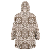 Beige Palaka Quilt Hawaii Wearable Blanket Hoodie Hawaiian Tropical Monstera Sea Turtle