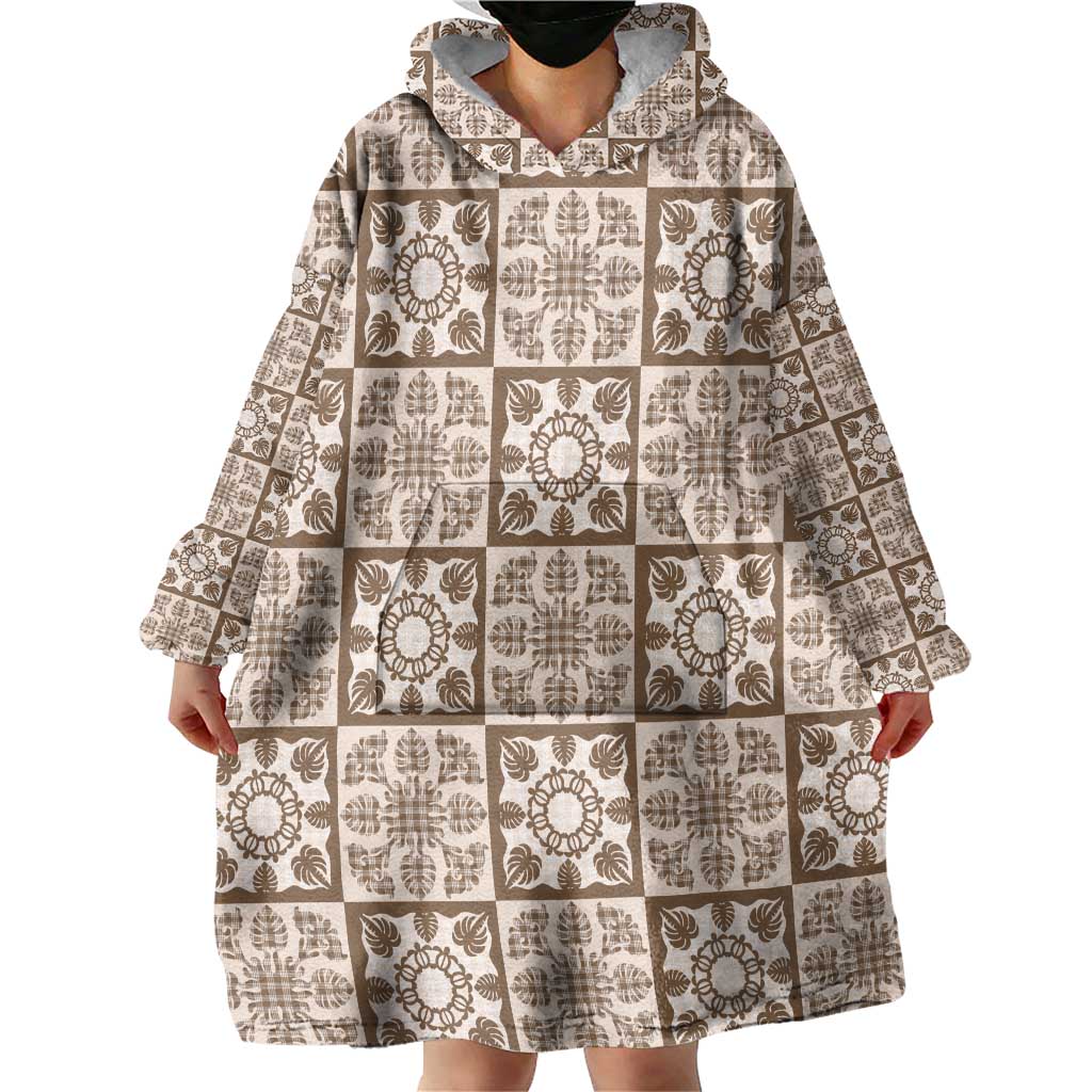 Beige Palaka Quilt Hawaii Wearable Blanket Hoodie Hawaiian Tropical Monstera Sea Turtle