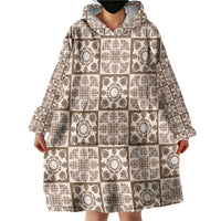 Beige Palaka Quilt Hawaii Wearable Blanket Hoodie Hawaiian Tropical Monstera Sea Turtle