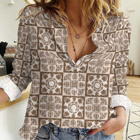 Beige Palaka Quilt Hawaii Women Casual Shirt Hawaiian Tropical Monstera Sea Turtle