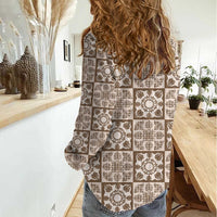 Beige Palaka Quilt Hawaii Women Casual Shirt Hawaiian Tropical Monstera Sea Turtle