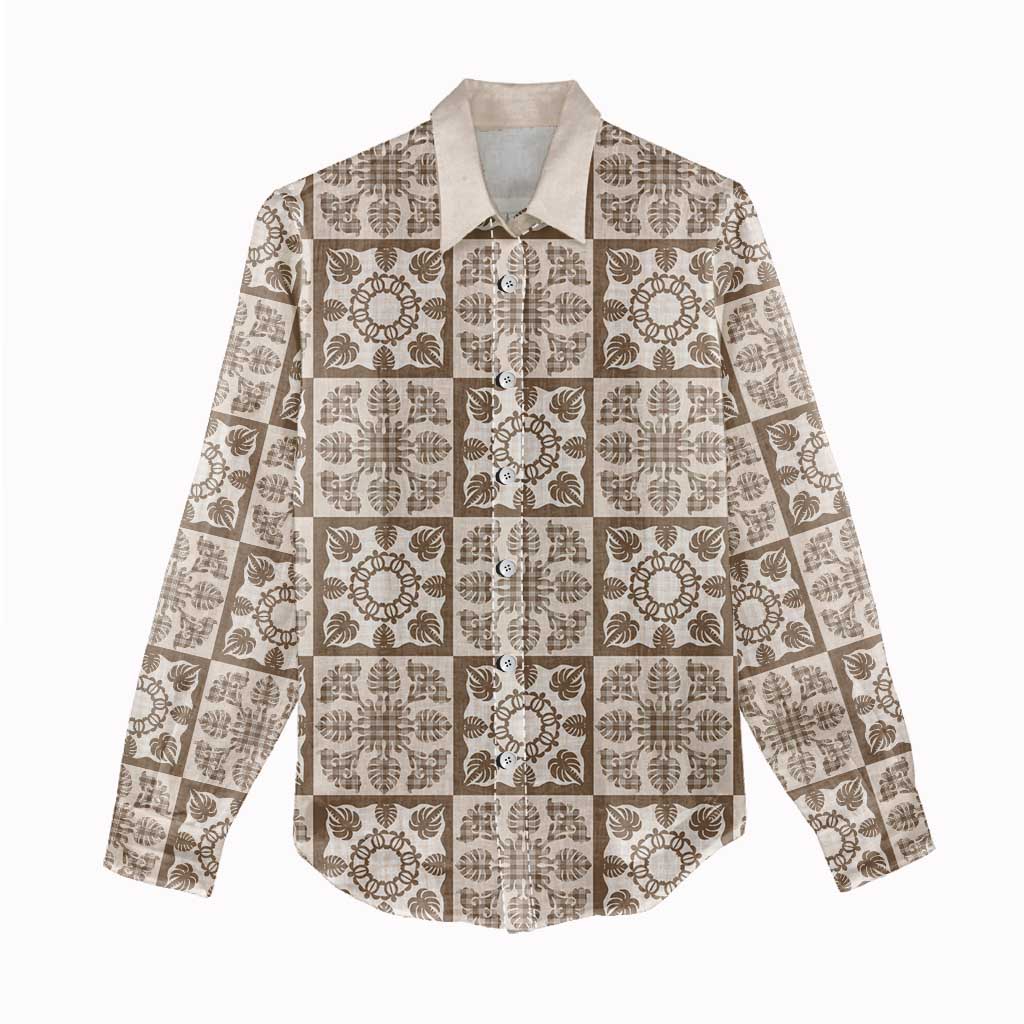 Beige Palaka Quilt Hawaii Women Casual Shirt Hawaiian Tropical Monstera Sea Turtle