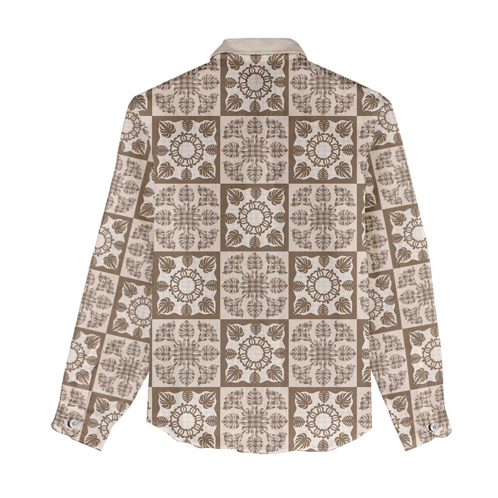 Beige Palaka Quilt Hawaii Women Casual Shirt Hawaiian Tropical Monstera Sea Turtle