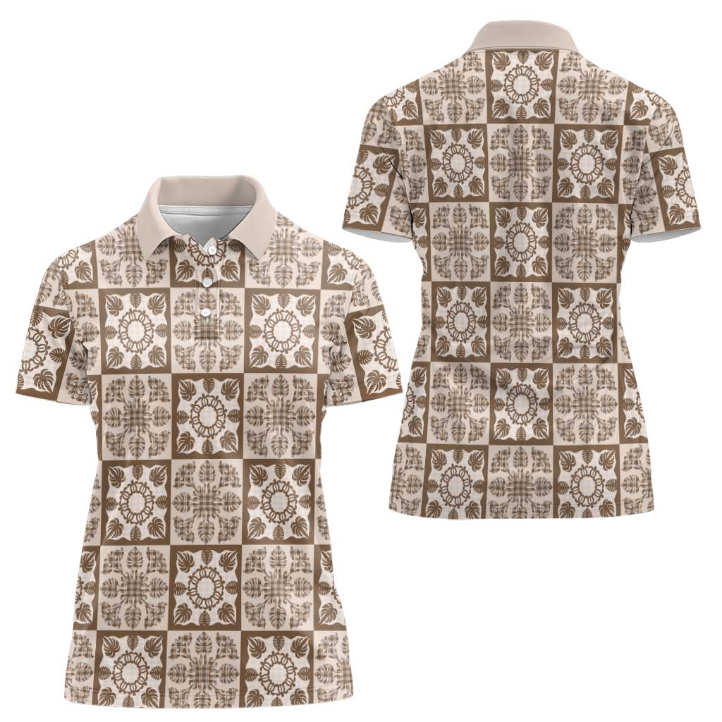Beige Palaka Quilt Hawaii Women Polo Shirt Hawaiian Tropical Monstera Sea Turtle