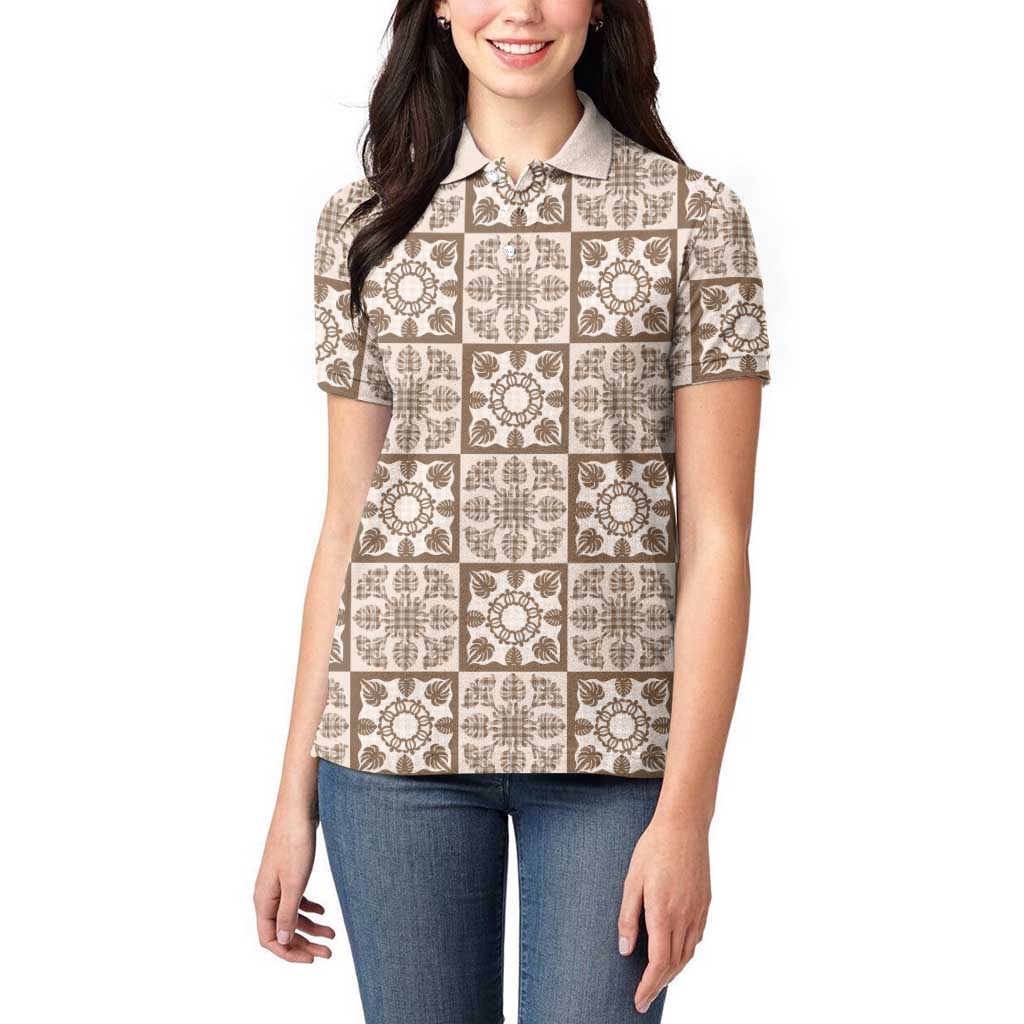 Beige Palaka Quilt Hawaii Women Polo Shirt Hawaiian Tropical Monstera Sea Turtle