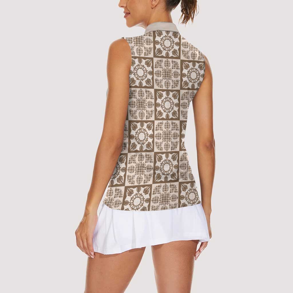 Beige Palaka Quilt Hawaii Women Sleeveless Polo Shirt Hawaiian Tropical Monstera Sea Turtle