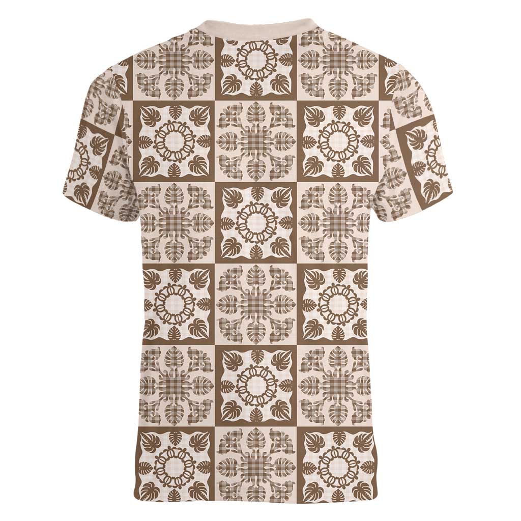 Beige Palaka Quilt Hawaii Women V-Neck T-Shirt Hawaiian Tropical Monstera Sea Turtle