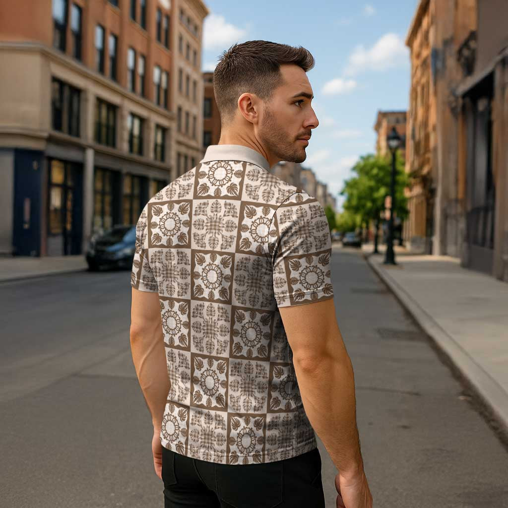 Beige Palaka Quilt Hawaii Zipper Polo Shirt Hawaiian Tropical Monstera Sea Turtle