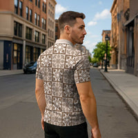 Beige Palaka Quilt Hawaii Zipper Polo Shirt Hawaiian Tropical Monstera Sea Turtle