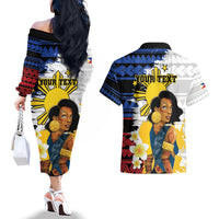 Personalised Philippines Women's Day Couples Matching Off The Shoulder Long Sleeve Dress and Hawaiian Shirt Filipino Golden Sun With Polynesian Pattern LT14 - Polynesian Pride