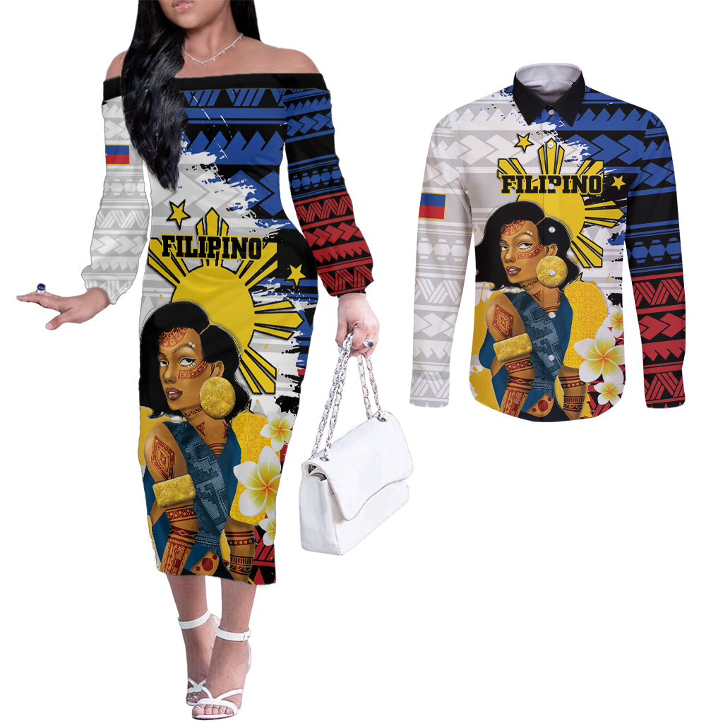 Personalised Philippines Women's Day Couples Matching Off The Shoulder Long Sleeve Dress and Long Sleeve Button Shirt Filipino Golden Sun With Polynesian Pattern LT14 Red - Polynesian Pride