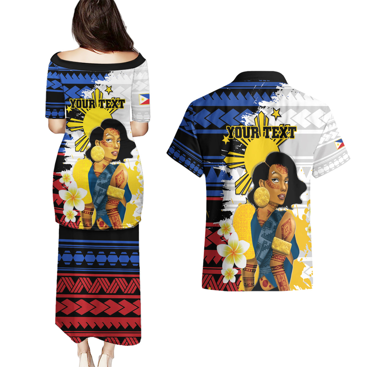 Personalised Philippines Women's Day Couples Matching Puletasi and Hawaiian Shirt Filipino Golden Sun With Polynesian Pattern LT14 - Polynesian Pride