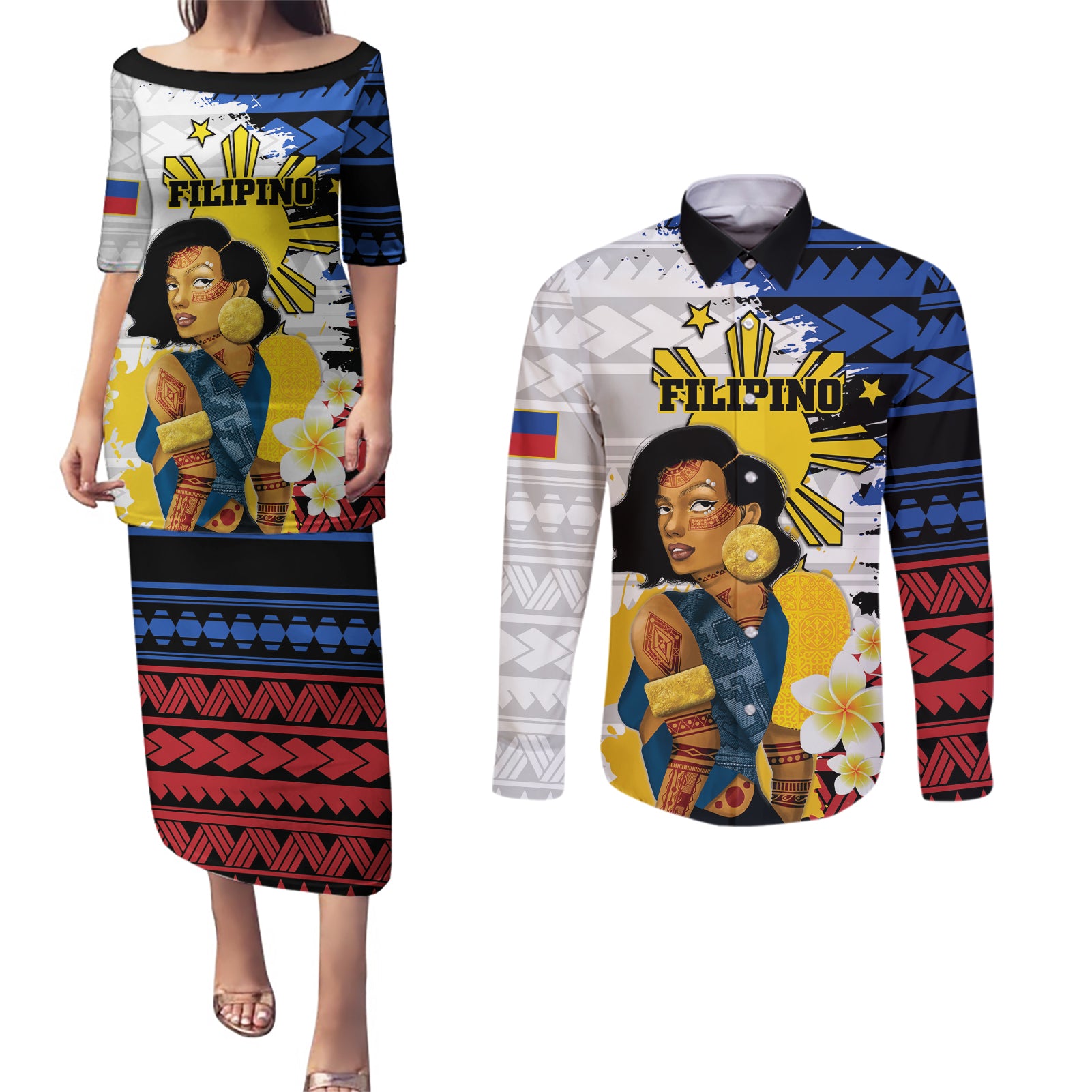 Personalised Philippines Women's Day Couples Matching Puletasi and Long Sleeve Button Shirt Filipino Golden Sun With Polynesian Pattern LT14 Red - Polynesian Pride