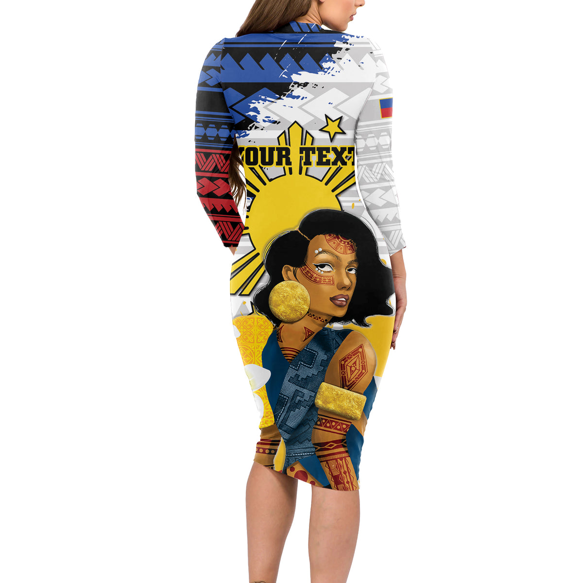 Personalised Philippines Women's Day Long Sleeve Bodycon Dress Filipino Golden Sun With Polynesian Pattern LT14 - Polynesian Pride