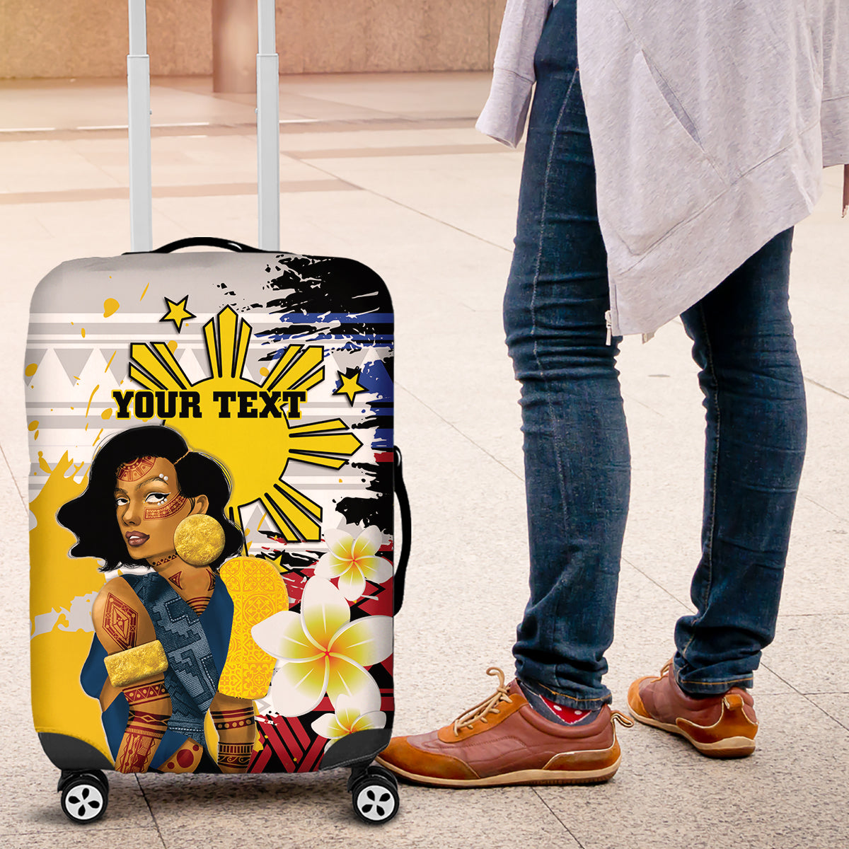 Personalised Philippines Women's Day Luggage Cover Filipino Golden Sun With Polynesian Pattern