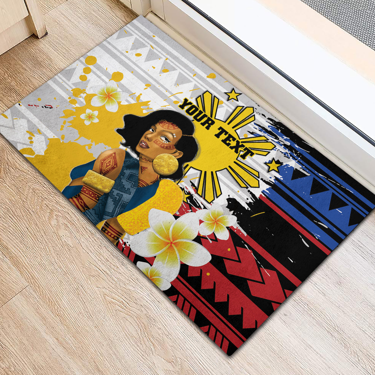 Personalised Philippines Women's Day Rubber Doormat Filipino Golden Sun With Polynesian Pattern