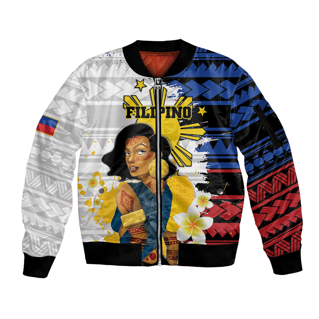 Personalised Philippines Women's Day Sleeve Zip Bomber Jacket Filipino Golden Sun With Polynesian Pattern LT14 Unisex Red - Polynesian Pride