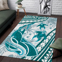 Cyan Polynesia Area Rug Polynesian Turtle Shark Tattoo Tropical Vintage