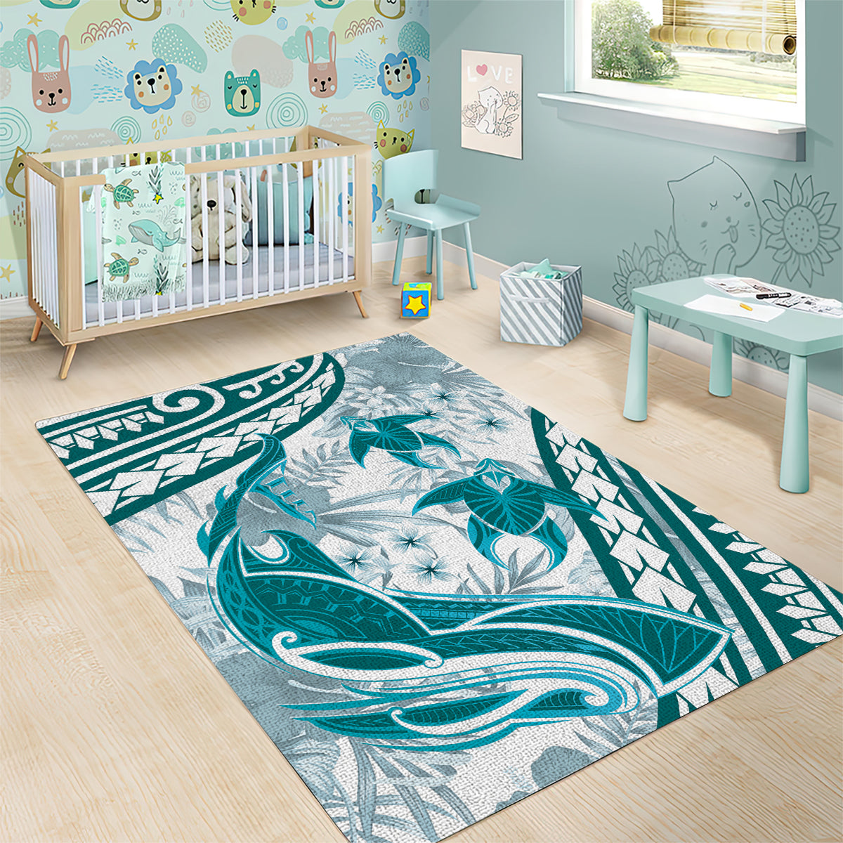 Cyan Polynesia Area Rug Polynesian Turtle Shark Tattoo Tropical Vintage