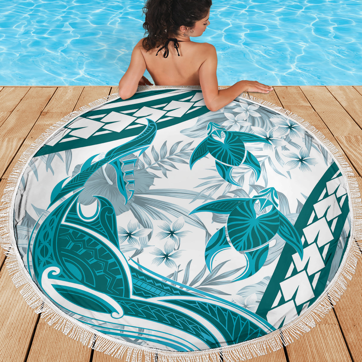 Cyan Polynesia Beach Blanket Polynesian Turtle Shark Tattoo Tropical Vintage