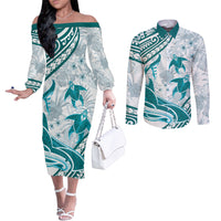 Cyan Polynesia Couples Matching Off The Shoulder Long Sleeve Dress and Long Sleeve Button Shirt Polynesian Turtle Shark Tattoo Tropical Vintage LT14 Cyan - Polynesian Pride