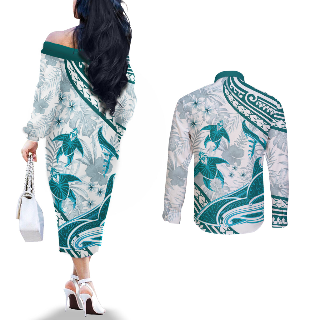 Cyan Polynesia Couples Matching Off The Shoulder Long Sleeve Dress and Long Sleeve Button Shirt Polynesian Turtle Shark Tattoo Tropical Vintage LT14 - Polynesian Pride