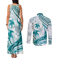 Cyan Polynesia Couples Matching Tank Maxi Dress and Long Sleeve Button Shirt Polynesian Turtle Shark Tattoo Tropical Vintage LT14 - Polynesian Pride