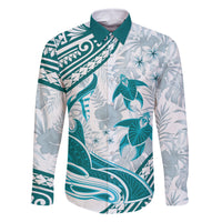 Cyan Polynesia Family Matching Long Sleeve Bodycon Dress and Hawaiian Shirt Polynesian Turtle Shark Tattoo Tropical Vintage LT14 Dad's Shirt - Long Sleeve Cyan - Polynesian Pride