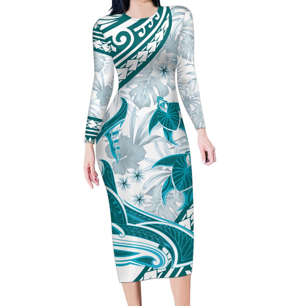 Cyan Polynesia Family Matching Long Sleeve Bodycon Dress and Hawaiian Shirt Polynesian Turtle Shark Tattoo Tropical Vintage LT14 Mom's Dress Cyan - Polynesian Pride