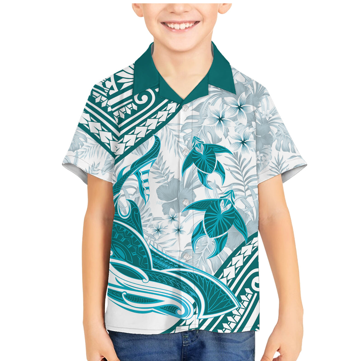 Cyan Polynesia Family Matching Mermaid Dress and Hawaiian Shirt Polynesian Turtle Shark Tattoo Tropical Vintage LT14 Son's Shirt Cyan - Polynesian Pride