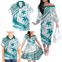 Cyan Polynesia Family Matching Off Shoulder Long Sleeve Dress and Hawaiian Shirt Polynesian Turtle Shark Tattoo Tropical Vintage LT14 - Polynesian Pride