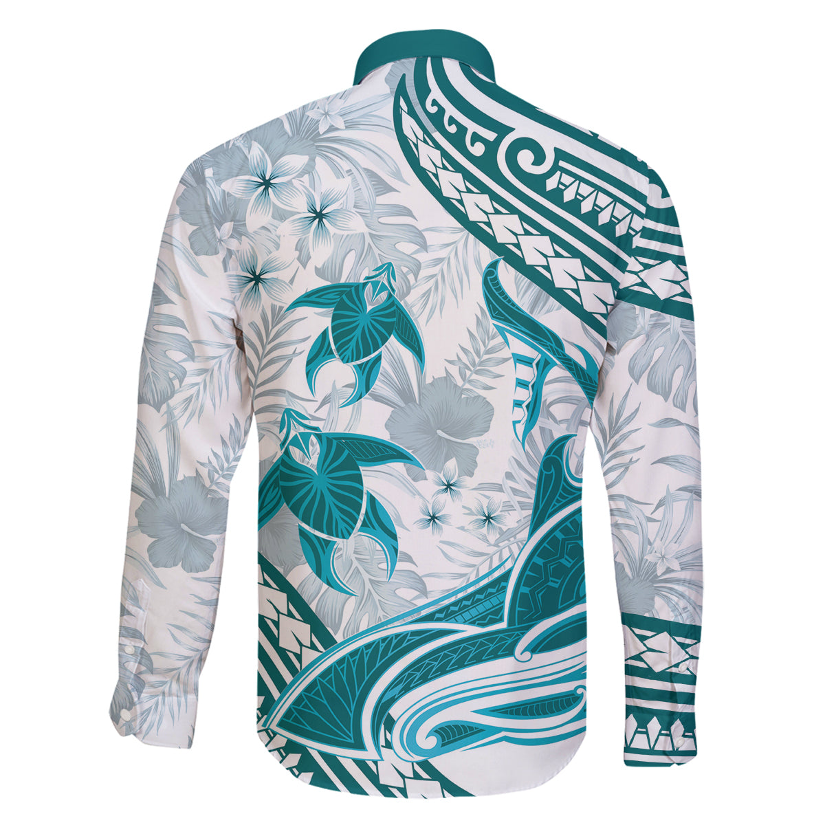 Cyan Polynesia Family Matching Off Shoulder Long Sleeve Dress and Hawaiian Shirt Polynesian Turtle Shark Tattoo Tropical Vintage LT14 - Polynesian Pride