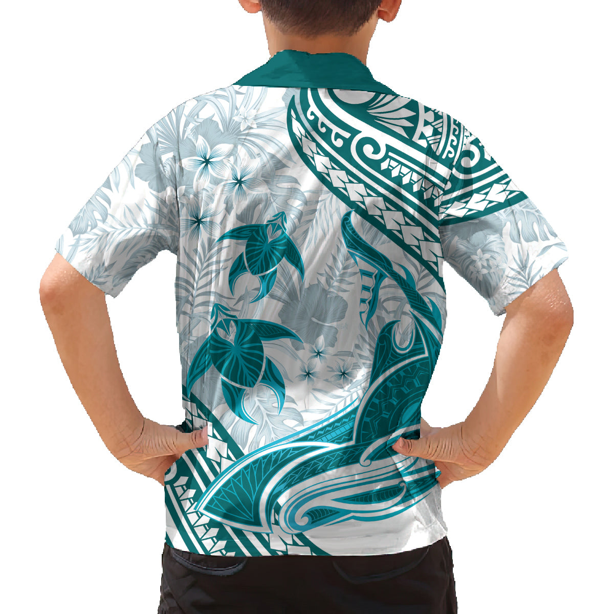 Cyan Polynesia Family Matching Off Shoulder Short Dress and Hawaiian Shirt Polynesian Turtle Shark Tattoo Tropical Vintage LT14 - Polynesian Pride